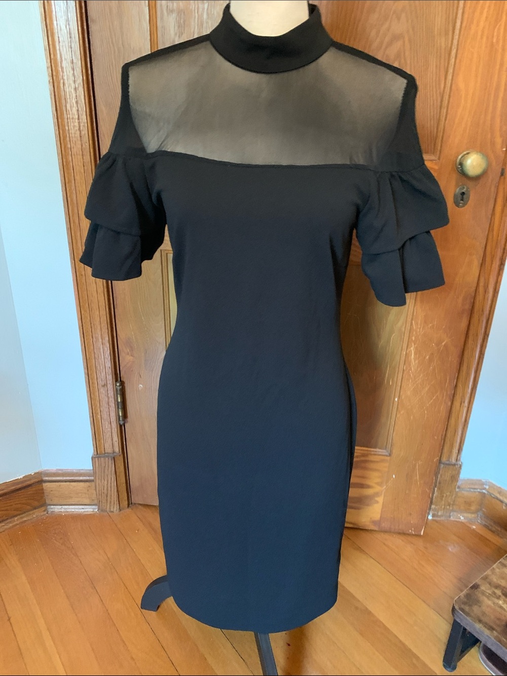 Superfoxx Black Mock Neck Sheer Yoke Ruffle Sleeve Dress